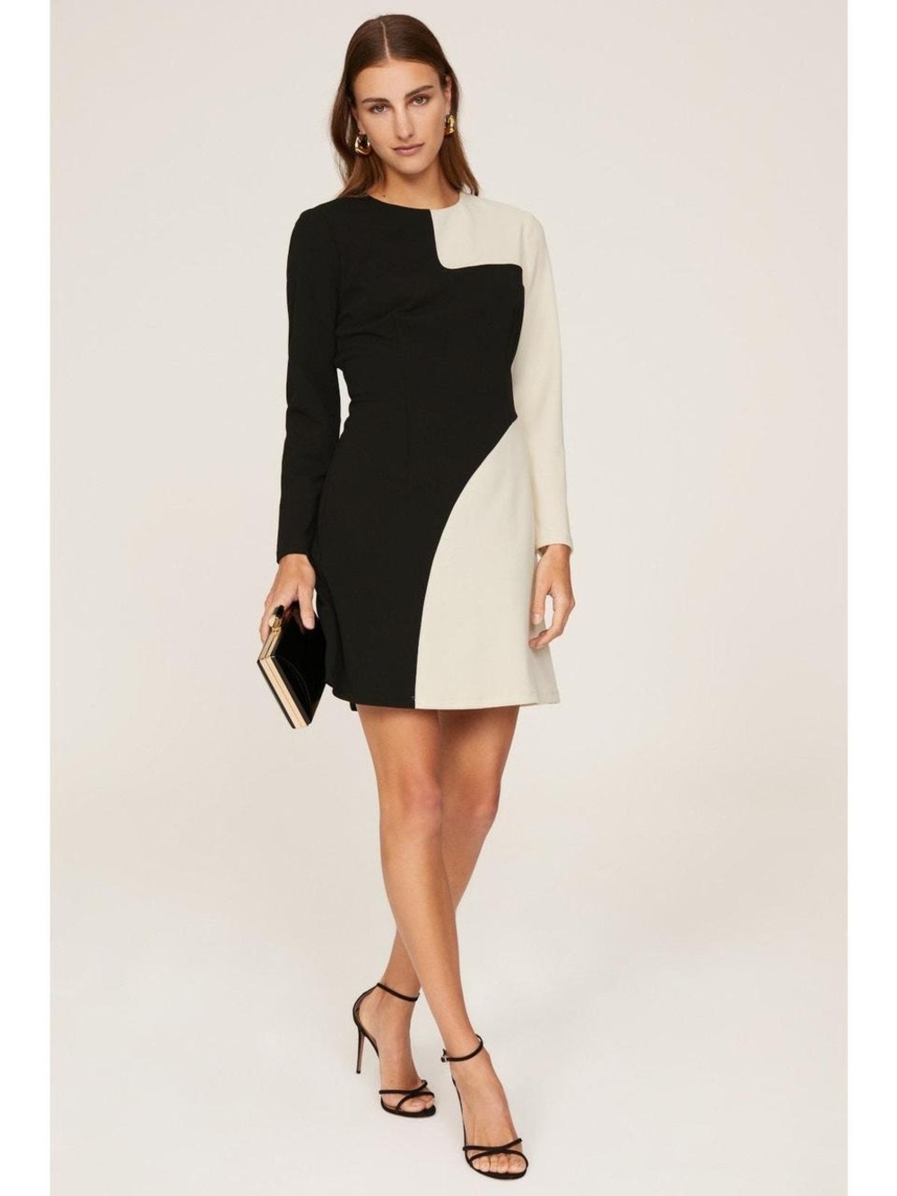 Donna Morgan Black and Cream Long-Sleeve Colorblock Mini Dress